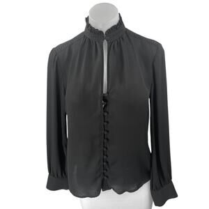 MNG Mango Black Long Sleeve Keyhole Ruffle Button Down Blouse Shirt Top Size 4